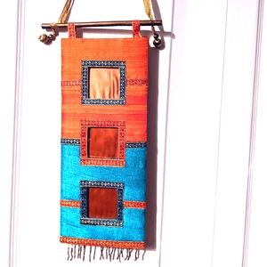 Boho Indian Orange, Teal Silk Hanging Picture Frame for three 3" x 3" pics.